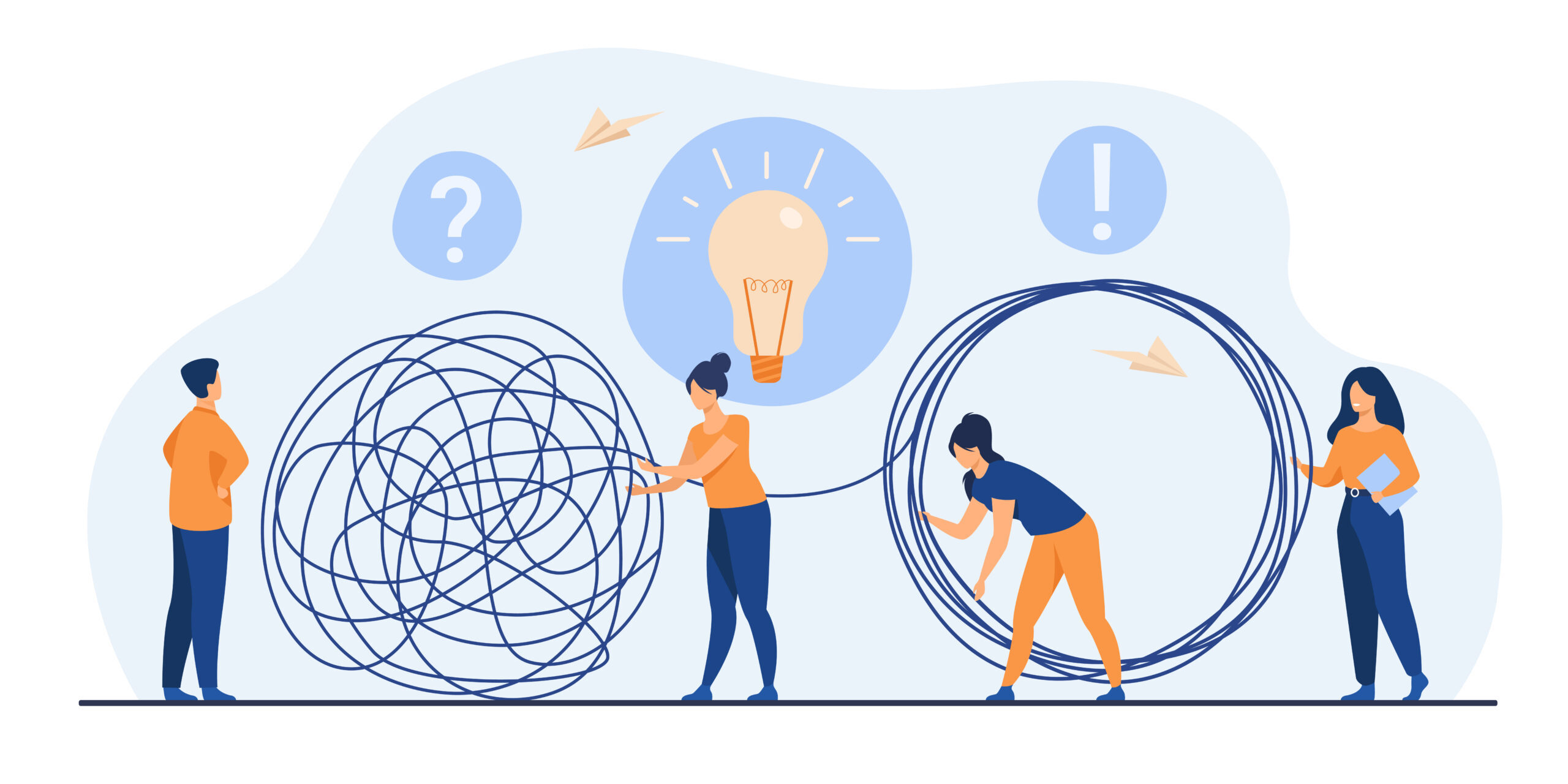 Team of crisis managers solving businessman problems. Employees with lightbulb unraveling tangle. Vector illustration for teamwork, solution, management concept