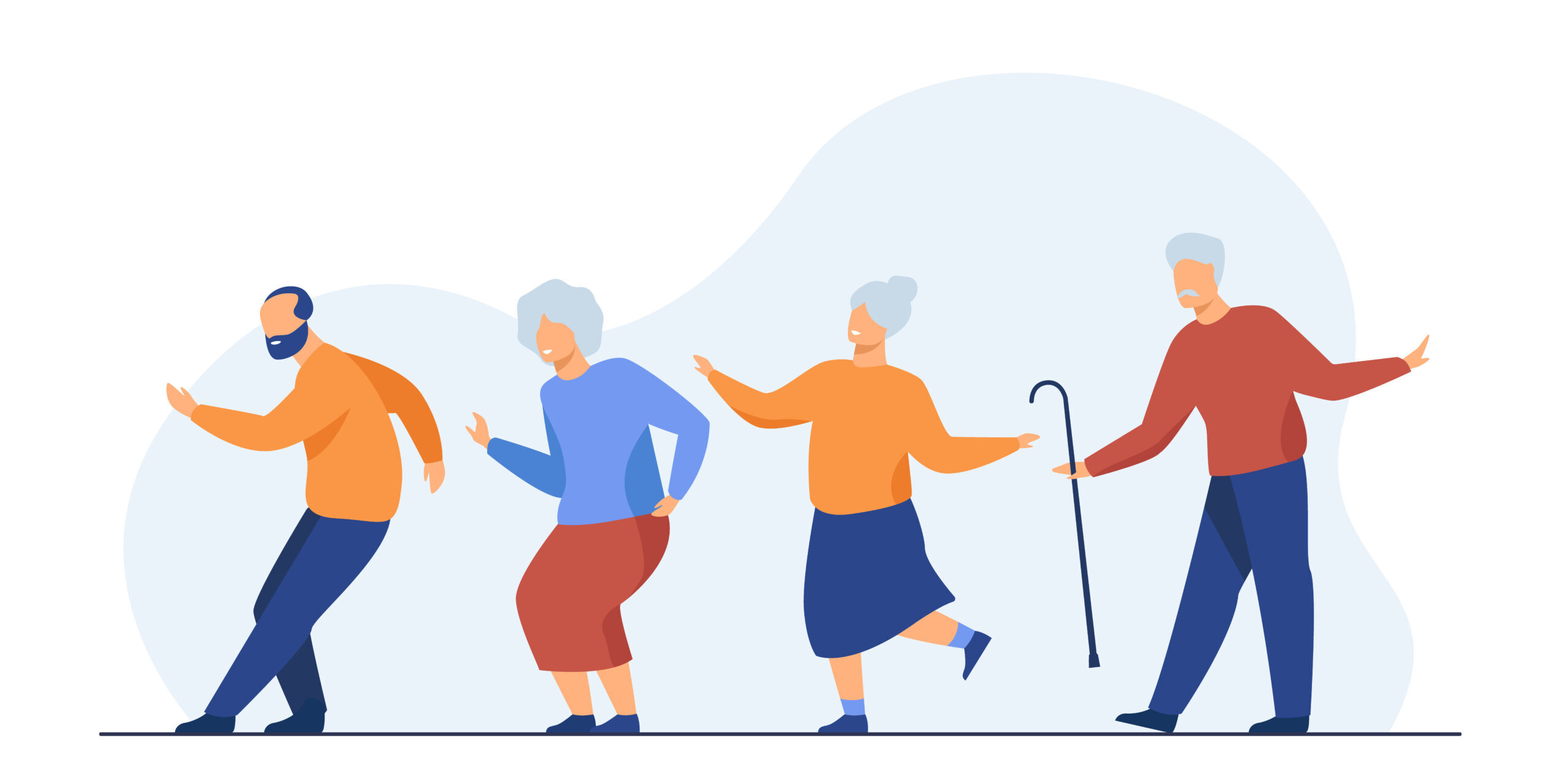 Happy senior people dancing at party. Cartoon grey haired old men and women enjoying music in club, having fun . Vector illustration for age, hobby, joy, retirement concept