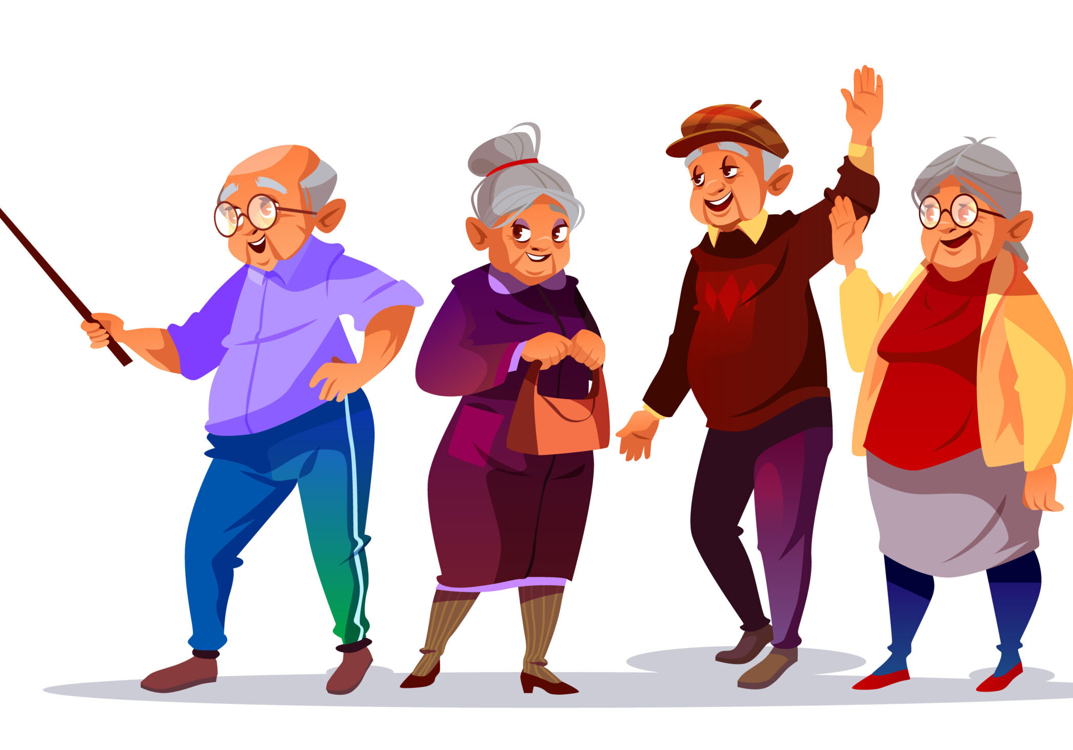 Old people making photo selfie vector illustration. Cartoon elderly man and woman smiling with hello hand gesture for smartphone photograph on vacation or travel